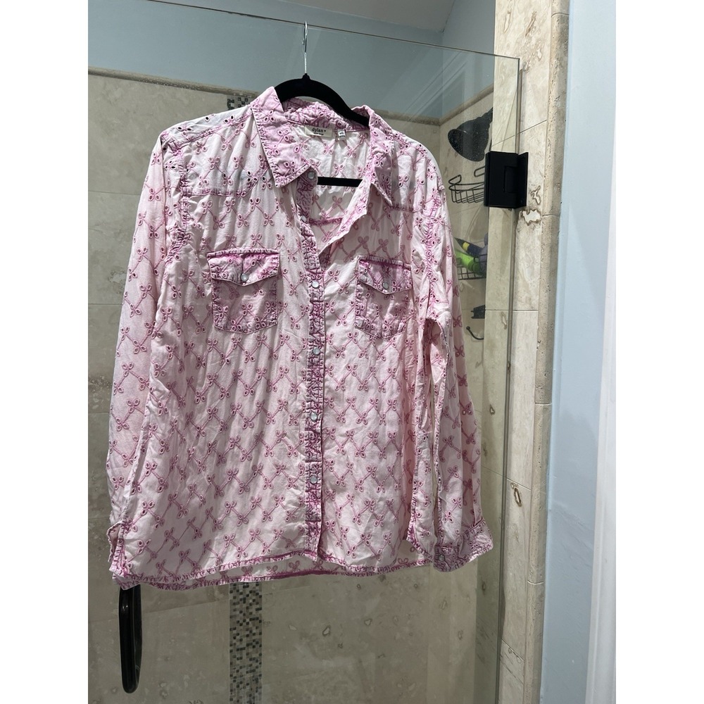 Dylan Oversized Western Sheer Shirt Pink Cotton Eyelet Pearl Snap XL - Picture 3 of 12
